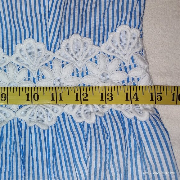 LILLY PULITZER TESSA DRESS SEERSUCKER STRIPE BLUE-WHT-LACE TRIM-TIE STRAPS SZ 6 - Picture 3 of 11